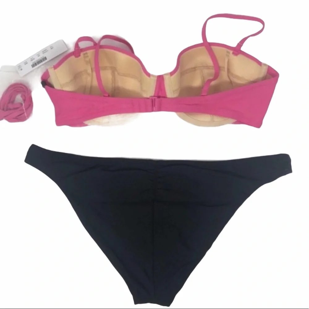 J. Crew Underwire Ruched Lowrider Bikini Intense Pink & Black Size 36C/L NWT